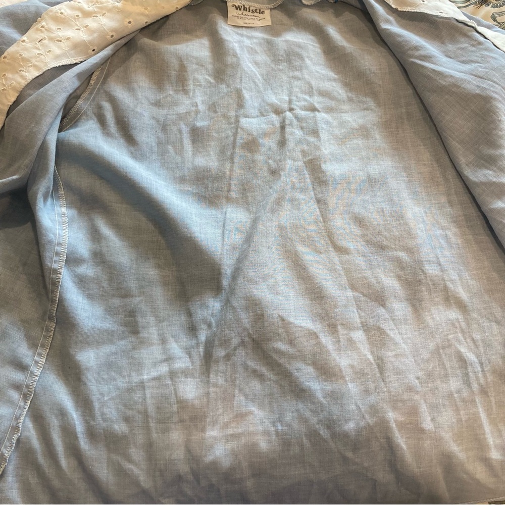 Vintage Blouse Light Blue with White Eyelet Trim and Puffy Shoulders - Picture 12 of 14